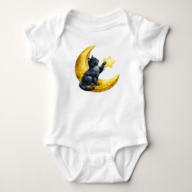 Body Mignon chat noir à l'aquarelle sur bébé croissant  (Devant)