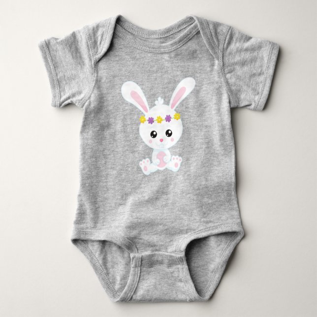 Body Mignonne Lapin, Petit Lapin, Lapin Blanc, Fleurs (Devant)