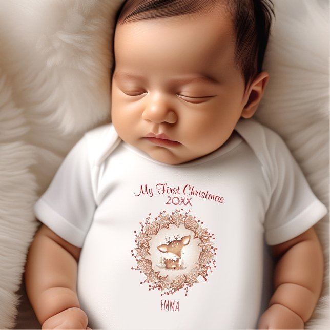Body Mon premier cerf de Noël Nom personnalisé Beige Ne (My First Christmas Deer Custom Name Beige Neutral Baby Bodysuit)