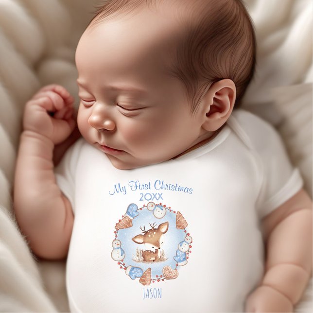 Body Mon premier cerf de Noël Nom personnalisé Garçon b (My First Christmas Deer Custom Name Blue Boy Baby Bodysuit)