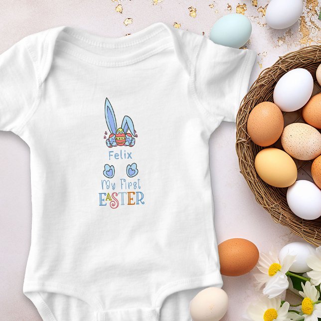 Body Mon premier lapin bleu de Pâques Oreilles et oeufs (Personalized Bodysuit for Baby's First Easter)