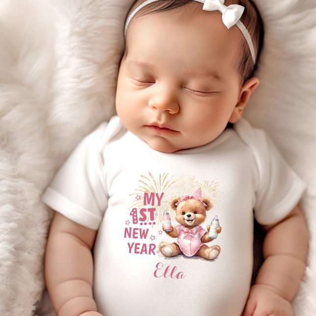 Body Mon premier Nouvel An Fille Nom Drôle Ours Rose (My First New Year Girl Name Funny Pink Bear Baby Bodysuit)