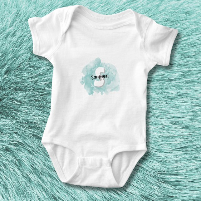 Body Monogramme bleu turquoise bébé garçon (Cute Modern Watercolor Teal Blue Monogram Baby Boy Baby Bodysuit)