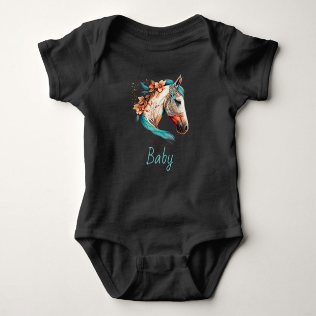 Body Monogramme Nom du bébé Boho Joli Cheval bleu Joli (Devant)
