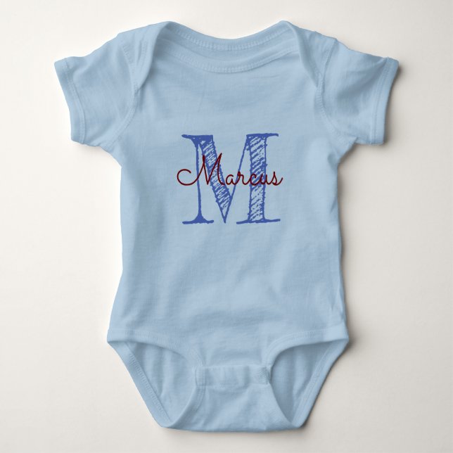 Body Monogramme personnalisé Nom Bleu Bébé Garçon Main  (Devant)