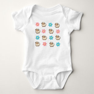 Body Mouton Mignon Rose et Bleu Floral Nom Personnalisé