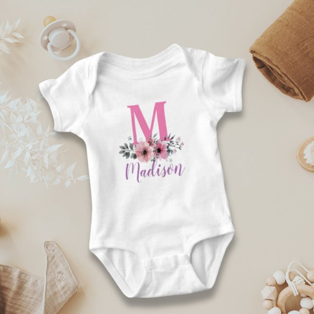 Body nom de famille personnalisé fleurs aquarelle monog (custom family name watercolor flowers monogram baby bodysuit)