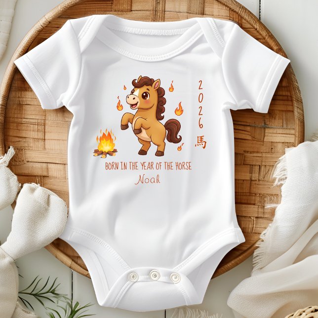 Body Nom Né en l'An du Cheval 2026 (Name Born in the Year of the Horse 2026 Baby Bodysuit)