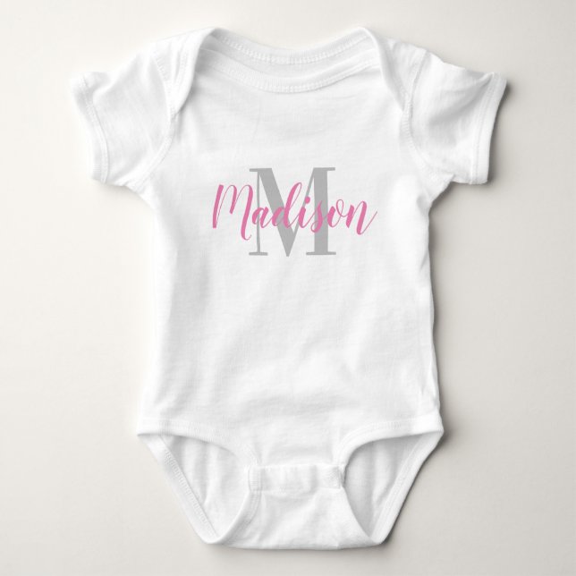 Body Nom rose personnalisé et t-shirt initial gris bébé (Devant)
