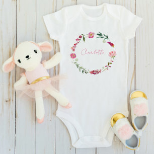 Body Nom Script Bébé Fille Aquarelle Floral Rose