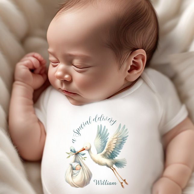 Body Nouveau-né Baby Boy Nom Blue Stork Livraison (Newborn Baby Boy Name Blue Stork Delivery Baby Bodysuit)
