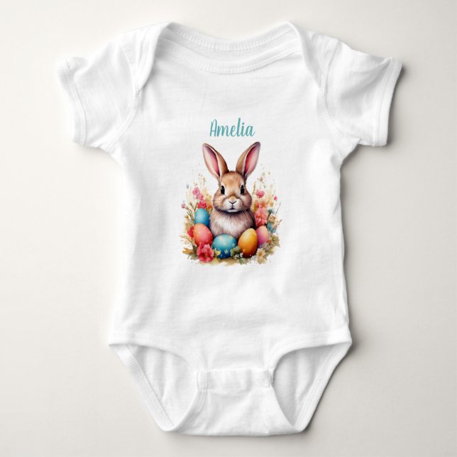 Body Œufs de Lapin Mignon Fleurs Joyeuses Pâques Nom (Devant)