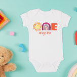 Body ONE First Birthday Baby Boho Rainbow with Name<br><div class="desc">What fun,  you're ONE! Celebrate your little one's first birthday with a customized bodysuit featuring a watercolor sun and rainbow spelling out the number "ONE" and your child's name under it. Simply personalize with your own baby's name! Colors are gender neutral,  making it great for all kids.</div>