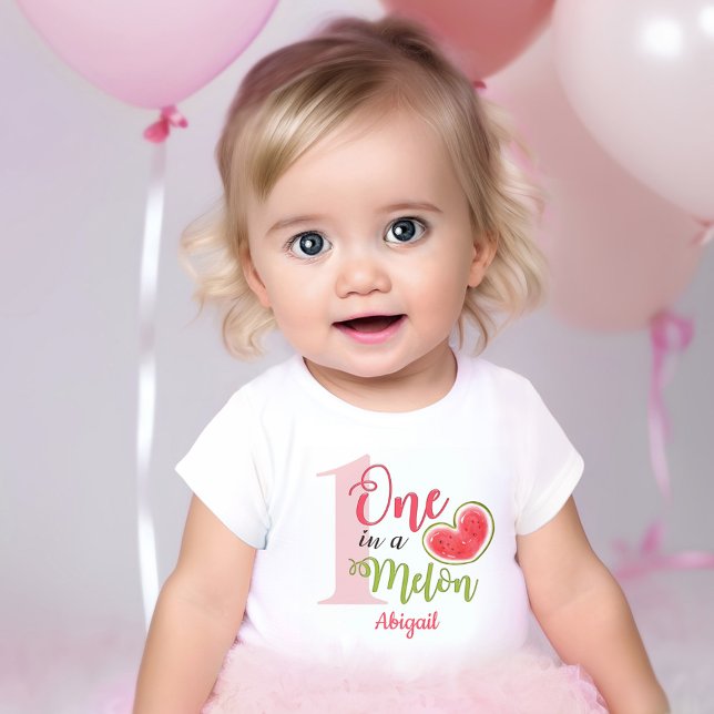 Body One In A Melon 1st Birthday Girl (1st Birthday bodysuit one in a melon, with pink watermelon in heart shape for girls)