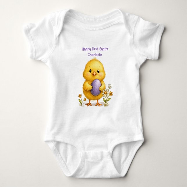 Body Pâques de bébé - Mignon poussin avec œuf violet (Devant)