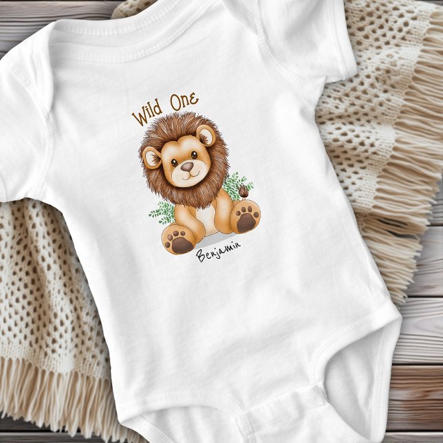 Body Pet Sauvage Personnalisé Petit Lionceau Fille ou G (Wild One Personalized Cute Lion Cub Boy or Girl Baby Bodysuit)