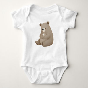 Body Petit Ours Brun Tenant une Fleur Blanche