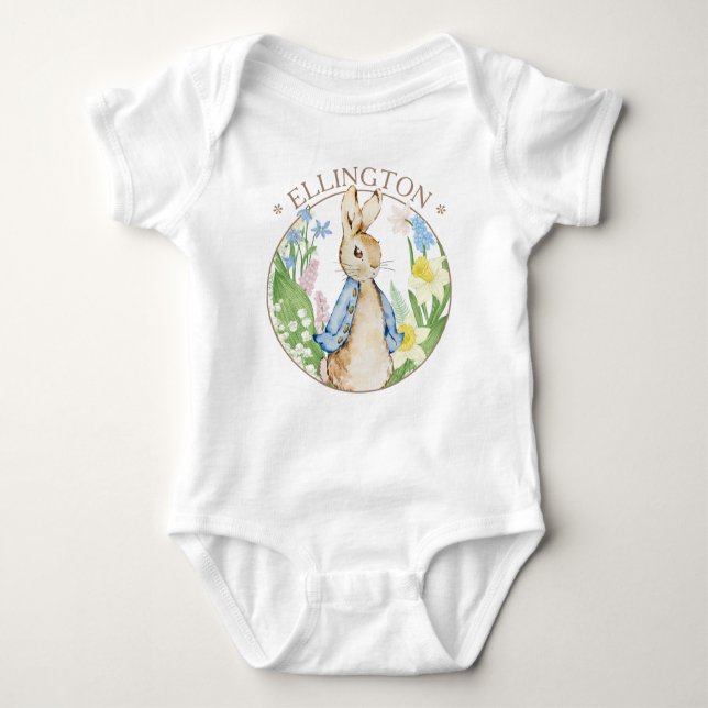 Body Pierre le lapin Printemps fleurs Baby shower bleu (Devant)