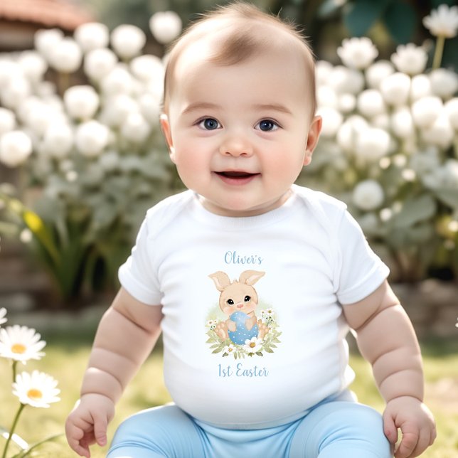Body Premier Pâques Personnalisé Baby Boy Bunny Egg Ble (First Easter Personalized Baby Boy Bunny Egg Blue Baby Bodysuit)