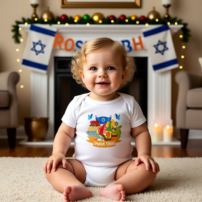 Body 🍯 🍎 🐟 Premier Rosh Hashanah avec un texte perso (🍯 🍎🐟 First Rosh Hashanah with custom text Baby Bodysuit)