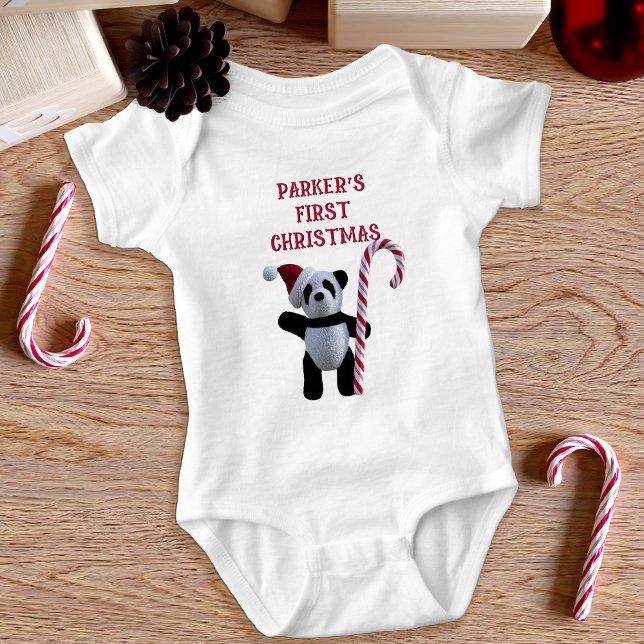 Body Première combinaison de Noël pour bébé en forme d' (A cute panda bear bodysuit with a Santa hat and a candy cane with space for your little one's name)