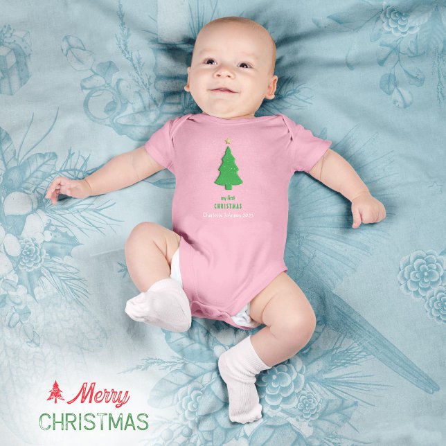 Body Première étoile de Noël pour sapin enneigé simple  (Merry Christmas Green Tree Star Snow Minimalist Baby Bodysuit ©Susanne Sachers - Sunny Mind 🌞)