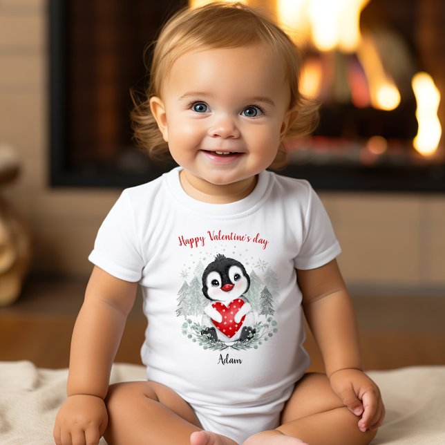 Body Saint-Valentin Pingouin Mignon Nom Personnalisé (Valentine's day Personalized Baby Bodysuit)