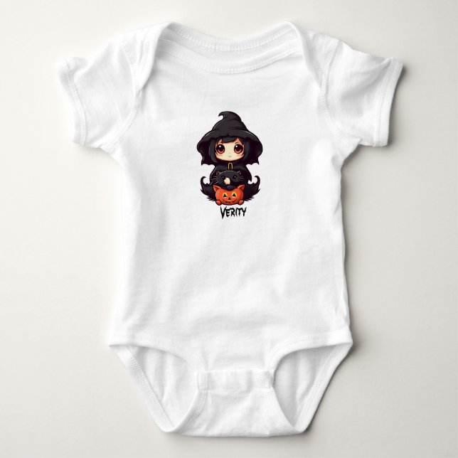 Body Sorcière et chats d'Halloween pour bébé. Nom modif (Devant)