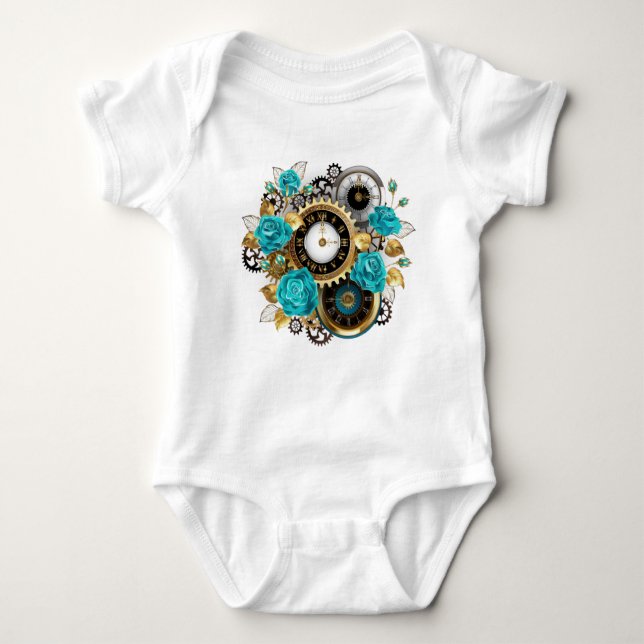 Body Steampunk Clock and Turquoise Roses on Striped (Devant)