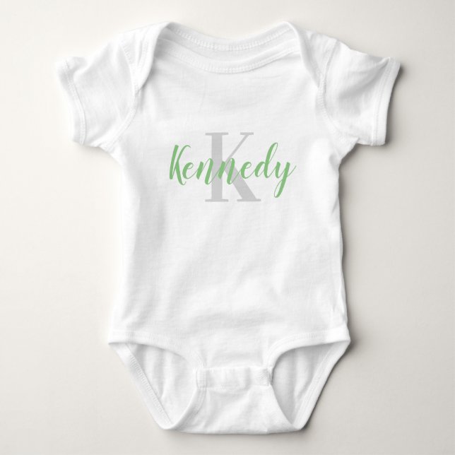 Body T-Shirt bébé avec nom vert personnalisé et initial (Devant)