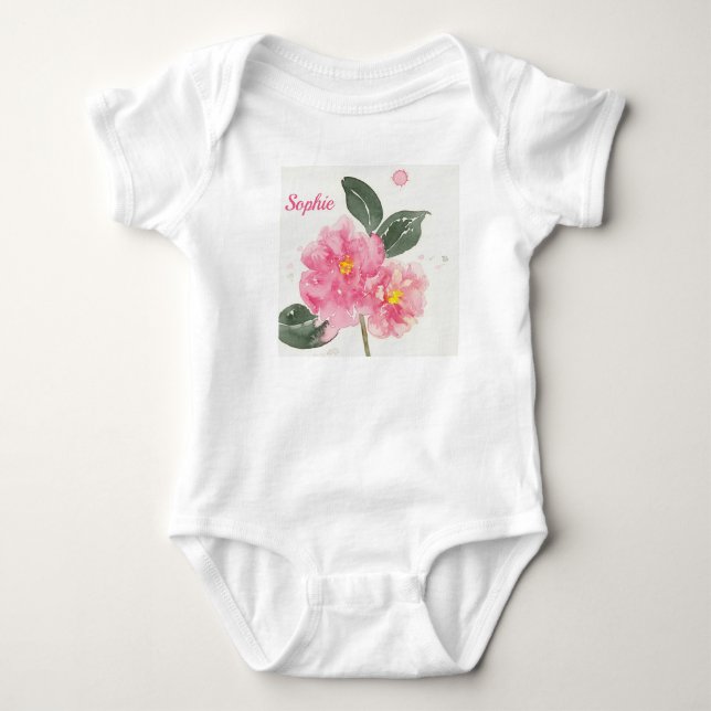 Body T-shirt bébé blanc avec camélia rose (Devant)