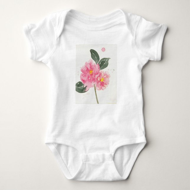 Body T-shirt bébé blanc avec camélia rose (Devant)