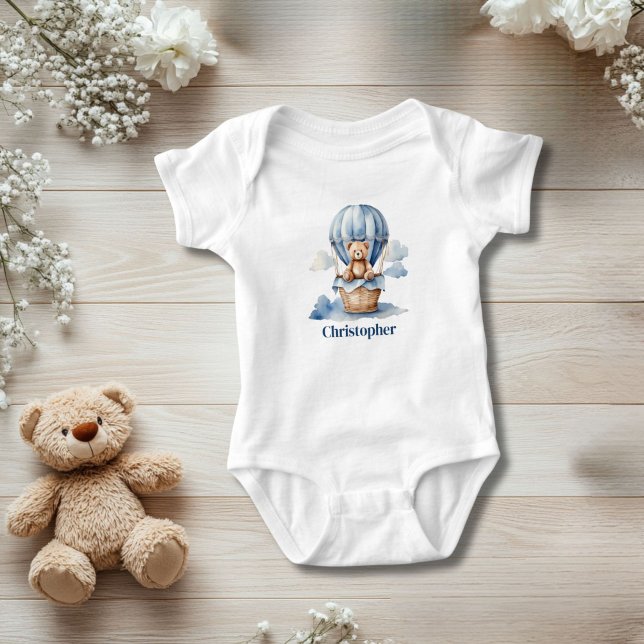 Body Teddy Bear Hot Air Balloon Personnalisé Blue Boy (Teddy Bear and Hot Air Balloon Blue Baby Boy Baby Body suit. Personalize it.)