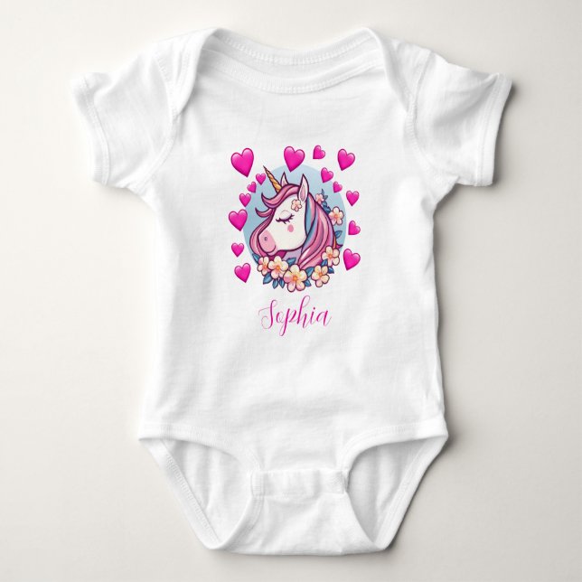 Body Unicorne mignonne, Coeurs et Fleurs roses, Nom per (Devant)