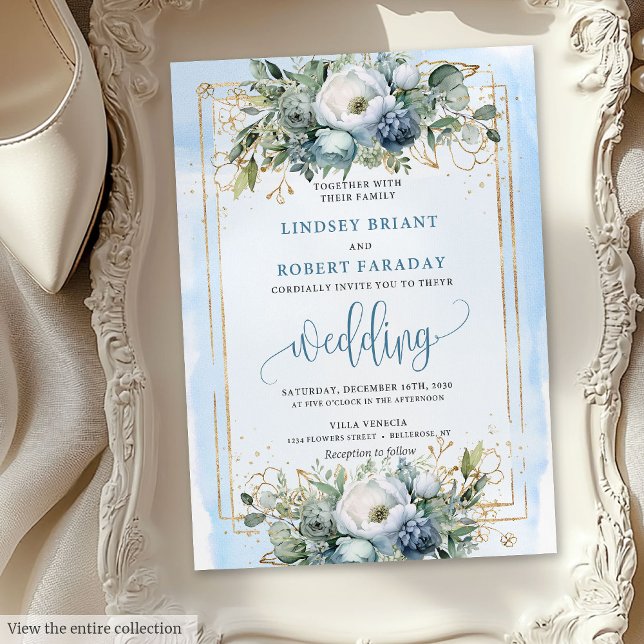 Bohème Dusty Bleu Bleu Bleu Pies d'or Invitation (Bohemian Dusty Blue White Gold Peonies Invitation)
