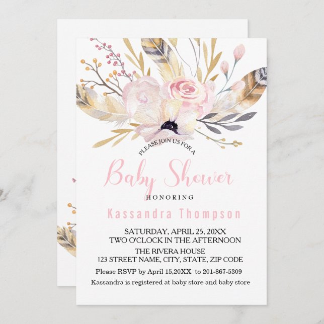Bohème Floral & Plumes Baby shower Invitation (Devant / Derrière)