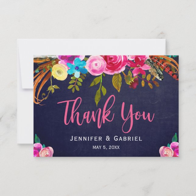 Bohème Floral rose marine Script Mariage Merci (Devant)