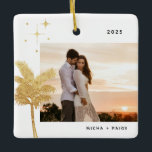 Bohemian Beach Palm Tree Photo Ornement en céramiq<br><div class="desc">Palmier de plage bohème et étoiles,  ornement photo de vacances en fausse feuille d'or et noir.</div>