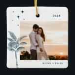 Bohemian Beach Palm Tree Photo Ornement en céramiq<br><div class="desc">Palmier de plage bohème et étoiles,  ornement photo de vacances en vert turquoise rustique.</div>