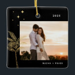 Bohemian Beach Palm Tree Photo Ornement en céramiq<br><div class="desc">Palmier de plage bohème et étoiles,  ornement photo de vacances en fausse feuille d'or et noir.</div>