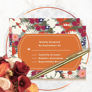 Bohemian Floral Orange Green Retro Wedding RSVP
