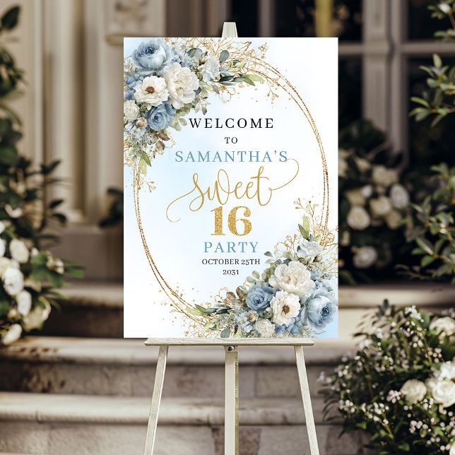 Bohemian Light Blue Flowers Sweet 16 Poster (Bohemian Light Blue Flowers Sweet 16 Poster)