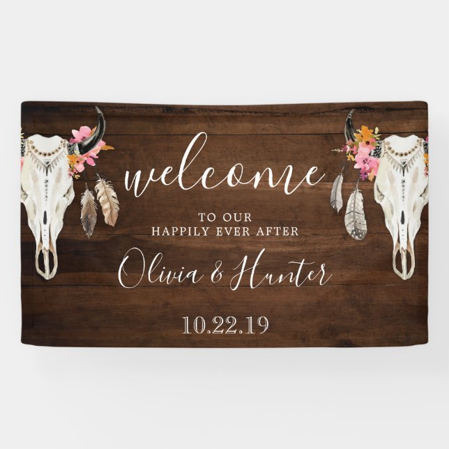 Boho Antler Crâne Mariage Bois foncé Bannière de b (Horizontal)