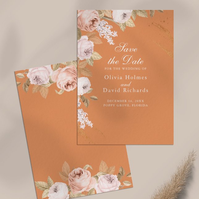 Boho Apricot Peonies Enregistrer la carte de date (Boho Apricot Peonies Save the Date Card on neutral table)