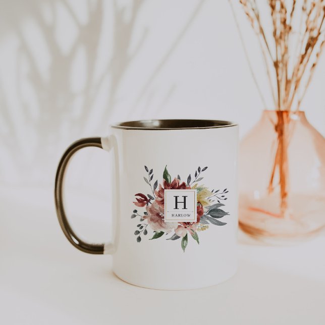 Boho Aquarelle Automne Floral Monogramme Café Mug (Créateur téléchargé)