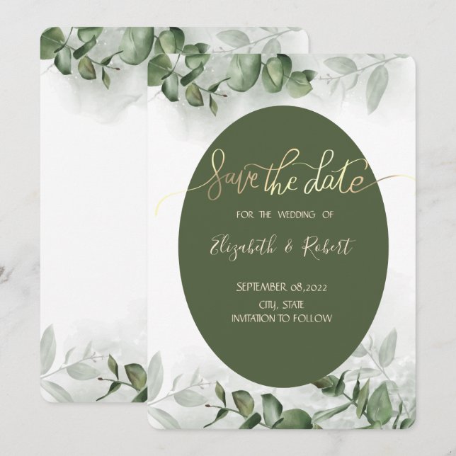 Boho aquarelle eucalyptus verdure save the date (Devant / Derrière)