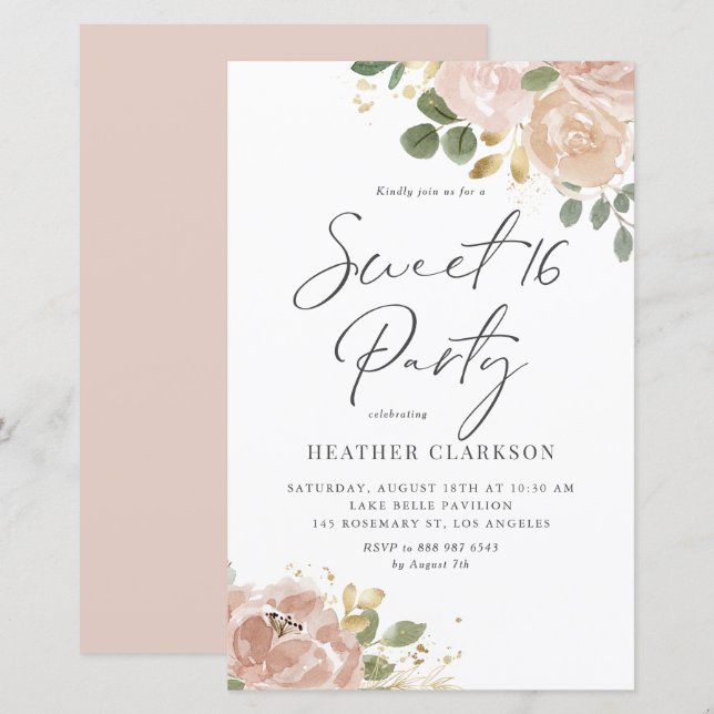 Boho Aquarelle Mauve Peach Flowers Sweet 16 Party (Devant / Derrière)
