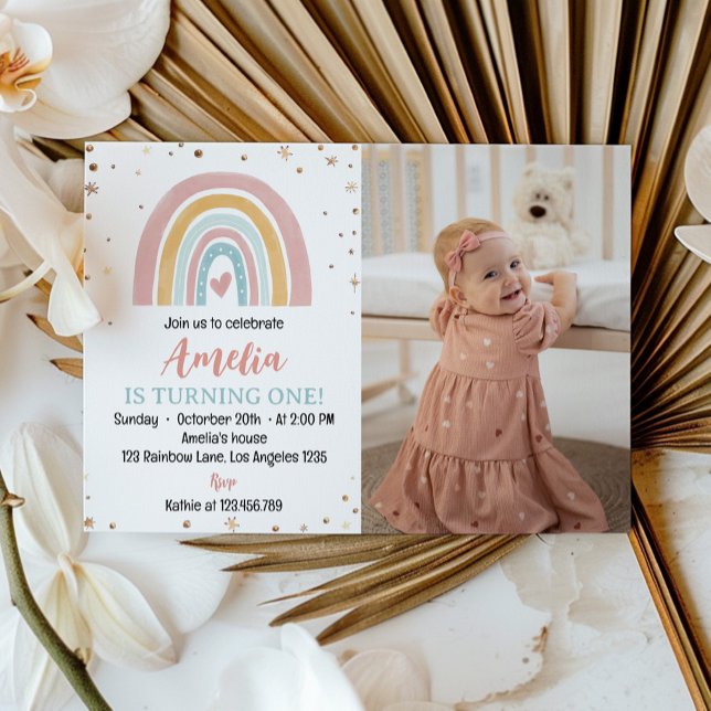 Boho Arc-en-ciel 1er anniversaire Invitation photo (Créateur téléchargé)