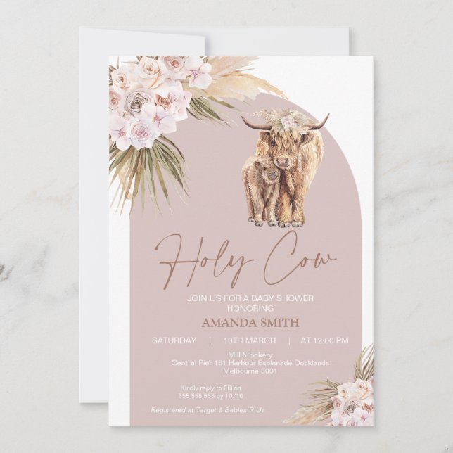 Boho Arc Floral Holy Cow Baby shower Invitation (Devant)