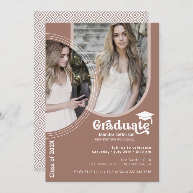 Boho Arch Chic Graduation tons terre invitation (Devant / Derrière)